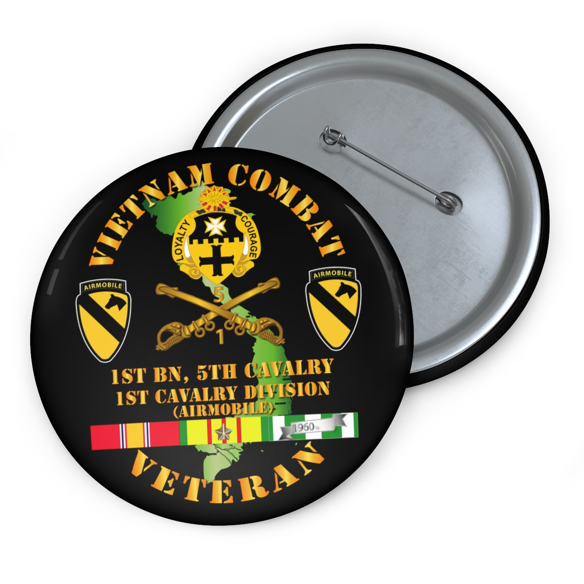 Custom Pin Buttons - Vietnam Combat Cavalry Veteran w 1st Bn 5th Cav D ...