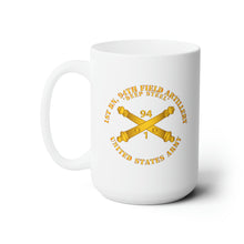 Load image into Gallery viewer, White Ceramic Mug 15oz - Army - 1st Bn, 94th Field Artillery Regiment - Deep Steel w Arty Branch
