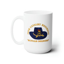 Load image into Gallery viewer, White Ceramic Mug 15oz - Army - 10th Cavalry Regiment w Cav Hat - Buffalo Soldiers
