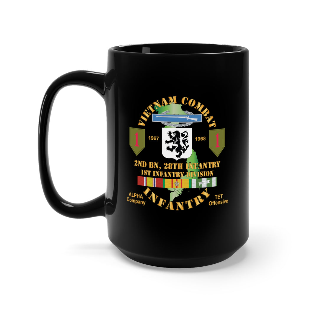 Black Mug 15oz - Army - Vietnam Combat Infantry w Alpha Company, 2nd Bn 28th Inf 1st Inf Div SSI TET Offensive w VN SVC X 300