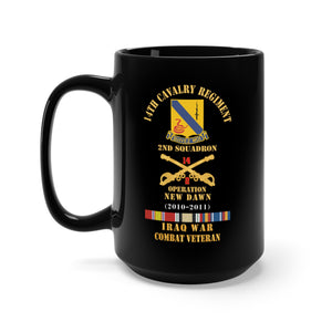 Black Mug 15oz - Army - 14th Cavalry Regiment w Cav Br - 2nd Squadron - OND - 2010–2011 - Red Txt Cbt Vet w IRAQ SVC X 300