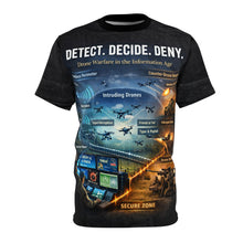 Load image into Gallery viewer, Detect, Decide, Deny — All-Over Print - Drone Warfare Tee
