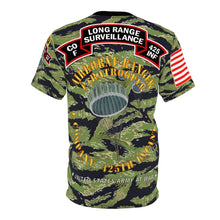 Load image into Gallery viewer, Unisex AOP Tee - F Company, 425th Long Range Surveillance (RANGER) - Military Tiger Stripe Jungle Camouflage w Jumpmaster Wing

