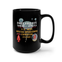 Load image into Gallery viewer, Black Mug 15oz - Fort Liberty North Carolina - US Army Special Operations Command (Usasoc) - SSI - DUI w 3 Parachutes X 300
