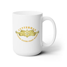 Load image into Gallery viewer, White Ceramic Mug 15oz - USCG - Cutterman Badge - Officer - Gold
