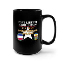 Load image into Gallery viewer, Black Mug 15oz - Fort Liberty North Carolina - US Army Forces Command (Forscom) SSI - DUI X 300
