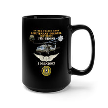 Load image into Gallery viewer, Black Mug 15oz - Army - US Army - LTC Jim Gross - Retired - Aviator Helmet UH 60 Blackhawk - Soldier for Life - 1966-2003 X 300
