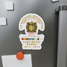 Load image into Gallery viewer, Die-Cut Magnets - Army - 1st Battalion, 9th Infantry - Manchus - Keep Up the Fire - Camp Hovey Korea - Toko-ri w AFEM - COLD SVC X 300

