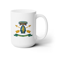 Load image into Gallery viewer, White Ceramic Mug 15oz - Army - Special Forces - SSI w Tab - Br - Ribbon X 300
