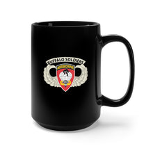 Load image into Gallery viewer, Black Mug 15oz - Army - Airborne Badge - 555th Parachute Infantry Bn - SSI w  Buffalo Soldiers Tab X 300
