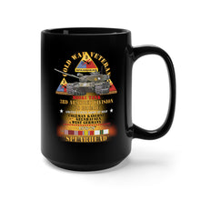 Load image into Gallery viewer, Black Mug 15oz - Army - Cold War Vet -  3rd Armored Division  - Gelnhausen, Germany - M60A1 Tank  - Spearhead w Fire - 1976-79 w DUI - COLD X 300
