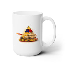 Load image into Gallery viewer, White Mug 15oz - Army - 2nd Armored Division  - M1A1 Tank  - Hell on Wheels w Fire X 300
