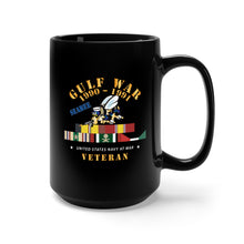 Load image into Gallery viewer, Black Mug 15oz - Gulf War 1990 - 1991 w Svc Ribbons - CAR - Seabee X 300
