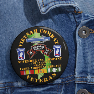 Custom Pin Buttons - Vietnam Combat Vet - N Co 75th Infantry (Ranger) - 173rd Airborne Bde SSI