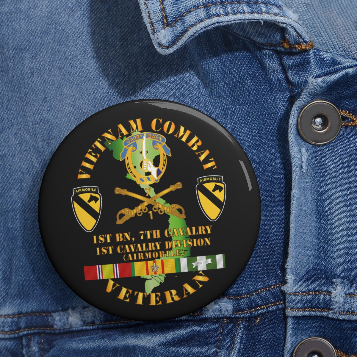 Custom Pin Buttons - Vietnam Combat Cavalry Veteran w 1st Bn 7th Cav D ...