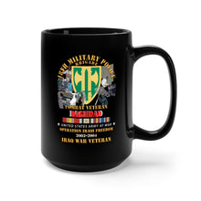 Load image into Gallery viewer, Black Mug 15oz - Army - 18th MP Bde - Iraq Vet w Baghdad OIF 2003-4 Iraq SVC Ribbons
