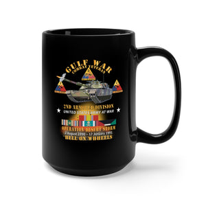 Black Mug 15oz - Desert Storm - 2nd Armored Div - Combat Veteran w GULF SVC - Hell On Wheels X 300