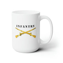 Load image into Gallery viewer, White Ceramic Mug 15oz - Army - Infantry Br - Crossed Rifles w  Blk Txt White Outline
