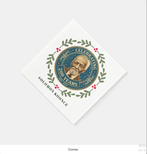Load image into Gallery viewer, Holiday Cheer Wreath Gold Script Napkins - Solomon Koonce - Celebrating 200 Years - Sold in Sets of 50
