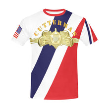 Load image into Gallery viewer, Men's All Over Print Crew Neck T-Shirt - Tribute Tee - USCG - Cutterman Badge - Officer - Gold w Top Txt
