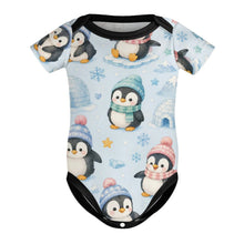 Load image into Gallery viewer, DTG 190gsm Cotton Short Sleeve Baby Romper(All-over Printing) - Penguin Winter Wonderland

