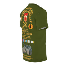 Load image into Gallery viewer, Unisex Cut &amp; Sew Tee (AOP) - C Battery,  2nd Bn 28th Artillery - 210th FA Bde - Ansbach Germany  w M109 w Overseas Cold SVC
