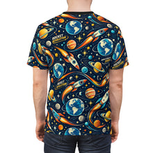 Load image into Gallery viewer, Retro Rocket Space Tee — All-Over Planet &amp; Rocket Print
