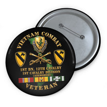 Load image into Gallery viewer, Custom Pin Buttons - Army - Vietnam Combat Cavalry Veteran w 1st Bn 12th Cav DUI - 1st Cav Div - 3D X 300
