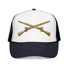 Load image into Gallery viewer, Foam Trucker Hat - Army - Infantry Branch Insignia - no text - Gold - 3D - Enhanced

