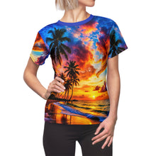 Load image into Gallery viewer, Sunset Palm Beach Tee — Women's All-Over Print Tropical Sunset Shirt
