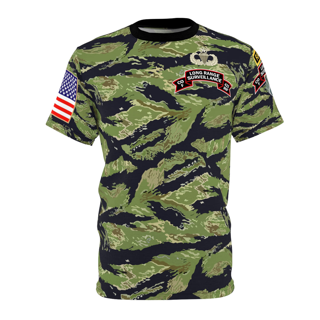 Unisex AOP Tee - F Company, 425th Long Range Surveillance (RANGER) - Military Tiger Stripe Jungle Camouflage w Jumpmaster Wing