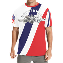 Load image into Gallery viewer, Men's All Over Print Crew Neck T-Shirt - Tribute Tee - USCG - Cutterman Badge - Enlisted - Silver w Top Txt
