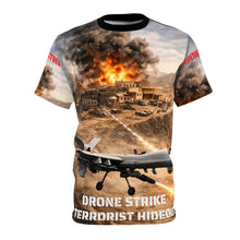 Load image into Gallery viewer, All-Over Print Tee — "Drone Strike Against Terrorist Training Facility" Graphic
