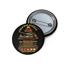 Load image into Gallery viewer, Custom Pin Buttons - Army - Cold War Vet -  3rd Armored Division  - Gelnhausen, Germany - M60A3 Tank  - Spearhead w Fire - 3D - Enhanced
