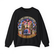 Load image into Gallery viewer, Crewneck Sweatshirt - Emblem - We Will Always Remember - They Gave Everything - 3D - Enhanced
