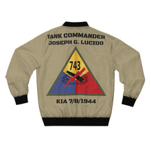 Load image into Gallery viewer, Men&#39;s Bomber Jacket (AOP) - Army - 743rd Tank Battalion SSI - Tank Commander - Joseph G. Lucido
