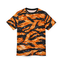Load image into Gallery viewer, Unisex Cut &amp; Sew Tee (AOP) - Orange Tiger-stripe hydrographic pattern

