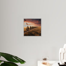 Load image into Gallery viewer, Acrylic Wall Art Panel - E Company 25th Infantry Buffalo Soldiers Bicycle Corps with Guidon on the Prairie at Sunset
