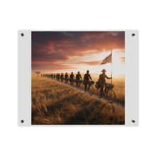 Load image into Gallery viewer, Acrylic Wall Art Panel - E Company 25th Infantry Buffalo Soldiers Bicycle Corps with Guidon on the Prairie at Sunset

