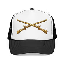 Load image into Gallery viewer, Foam Trucker Hat - Army - Infantry Branch Insignia - no text - Gold - 3D - Enhanced
