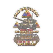 Load image into Gallery viewer, Kiss-Cut Stickers - Army - Cold War Vet -  3rd Armored Division  - Gelnhausen, Germany - M60A3 Tank  - Spearhead w Fire - 3D - Enhanced
