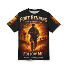 Load image into Gallery viewer, Fort Benning Infantry Tribute All‑Over Print Tee — "Follow Me, I Am the Infantry"
