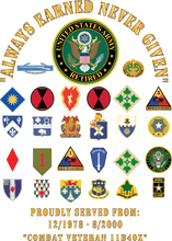 Load image into Gallery viewer, Car Decals - Army - Always Earned Never Given - Jerry Retired - Combat Veteran 11B40X - w CIB Drill X 300
