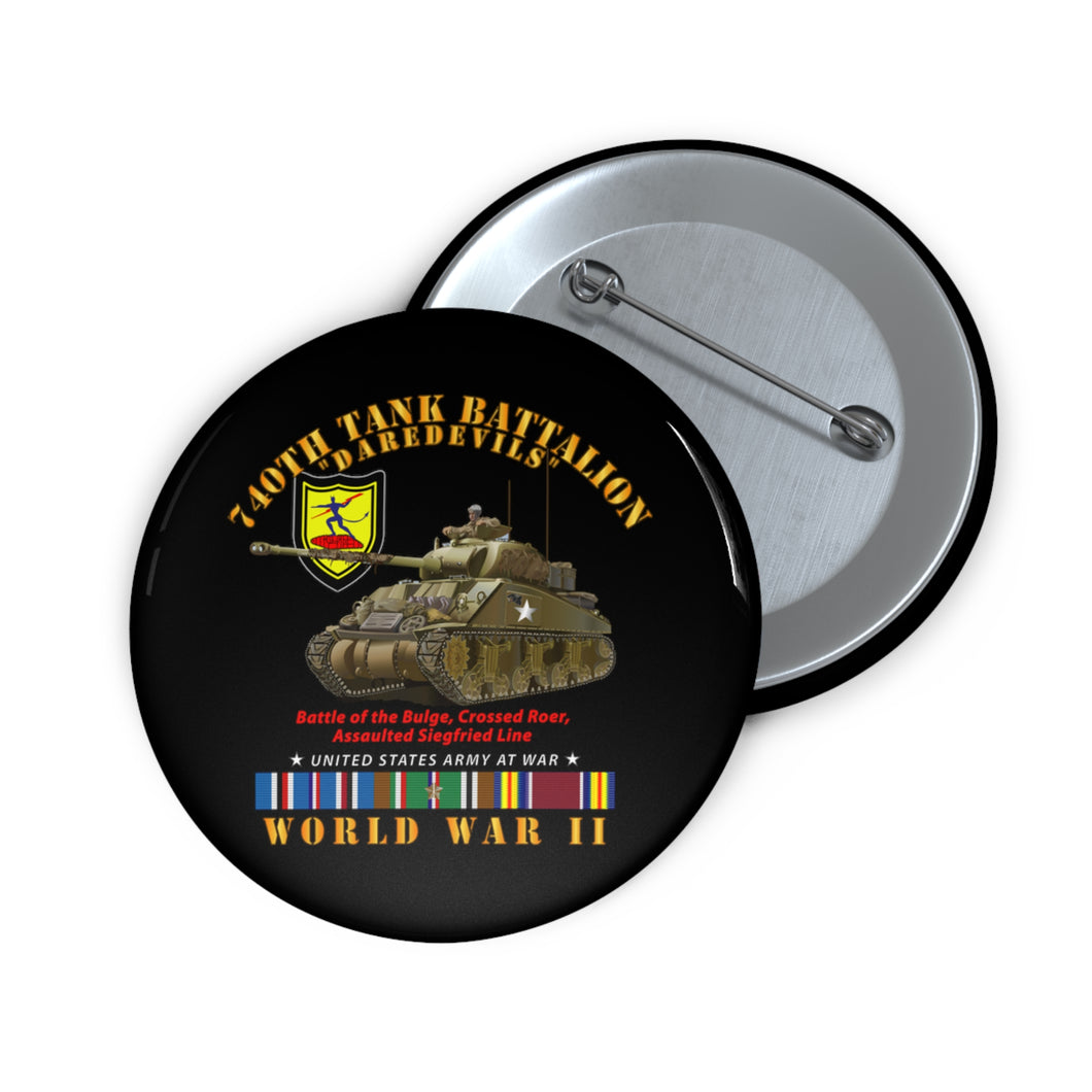 Custom Pin Buttons - Army - 740th Tank Battalion - Daredevils w Tank WWII  EU SVC