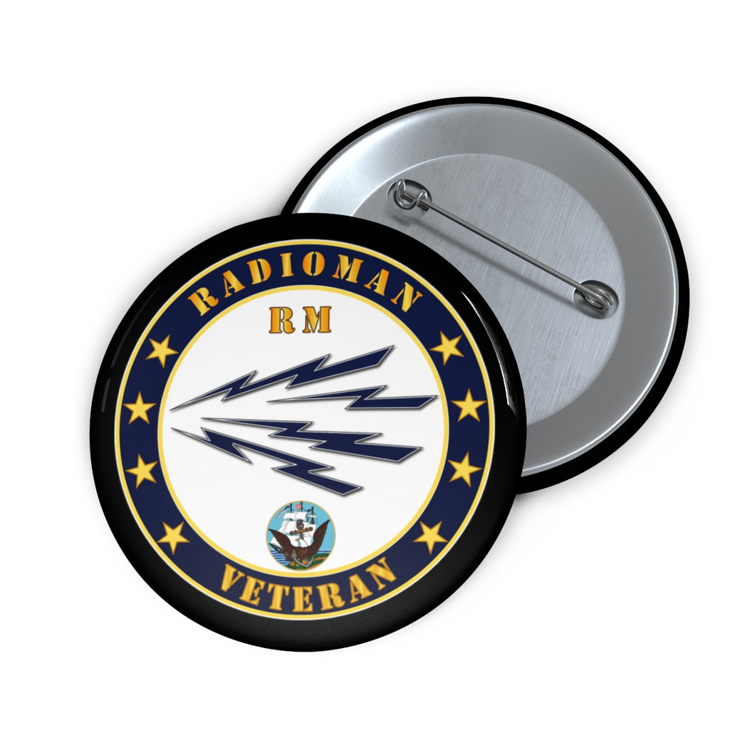 Custom Pin Buttons - Navy - Radioman - RM - Veteran w USN