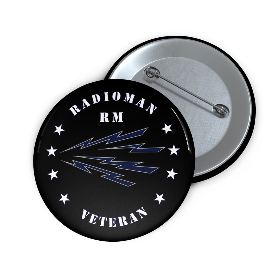 Custom Pin Buttons - Navy - Radioman - RM - Veteran wo Bkgnd - White