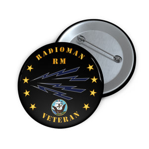 Custom Pin Buttons - Navy - Radioman - RM - Veteran wo Bkgnd w USN