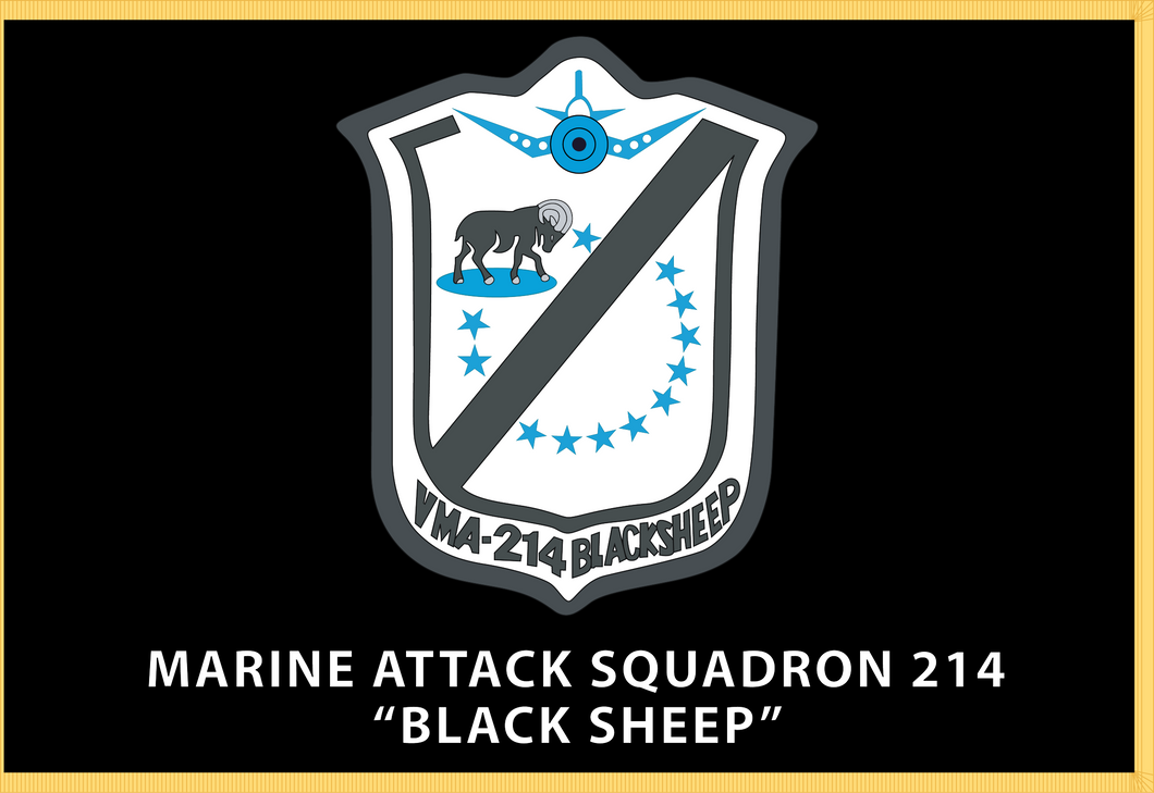 Rectangle Flags - Govt - MARINE ATTACK SQUADRON 214 w Text - Black Flag Background and Gold Fringe