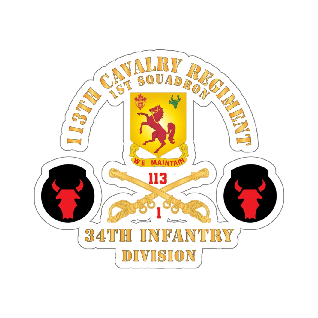 Kiss-Cut Stickers - 113th Cavalry Regiment - Cav Br - DUI - 1st Squadron w Red Regt Txt - 34th ID - SSI X 300