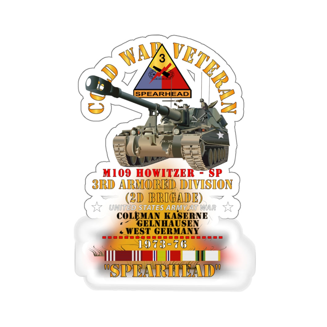 Kiss-Cut Stickers - 3rd Armored Division  - Gelnhausen, Germany - M109 Howitzer SP  - Spearhead w Fire - 1973-76 - COLD X 300